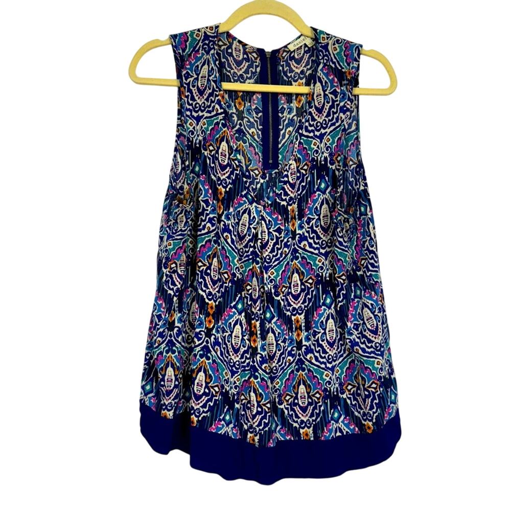 Daniel Rainn Blue Pink Ikat Print Blouse Womens L Bold Sleeveless Beachy Summer